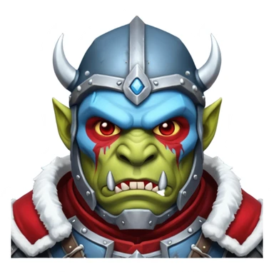 Fantasy Christmas orc legion soldier icon, iron tundra army theme, heavy winter armor, disciplined brutal look, dark icy steel armor with bold crimson cloth and markings, cold blue shadows, high contrast, clean emoji portrait style
 sticker