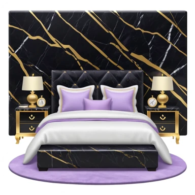 Luxurious black marble bed room with gold and white accents  with a lilac-colored pillow  sticker