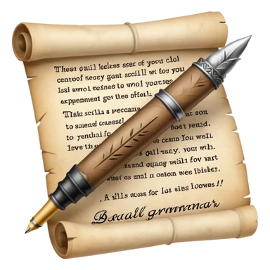 a quill pen writing on a scroll with crossed-out words and mistakes, representing bad grammar and writing sticker