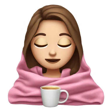 white girl with brunet hair inside a pink blanket sipping coffee eyes closed sticker