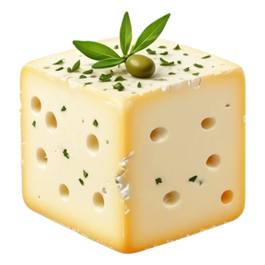 Cinematic Realistic Feta Cheese Dish Emoji, depicted as a block of crumbly, tangy cheese garnished with olive oil and herbs rendered with lifelike detail and soft natural lighting. sticker