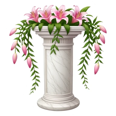 White tall marble pedestal with vines growing on it and pink lilies, beautiful romantic scenery  sticker