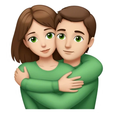 white couple with brown hair, man has short hair and brown eyes. woman has long hair and green eyes .they’re hugging each other . man has brown eyes sticker