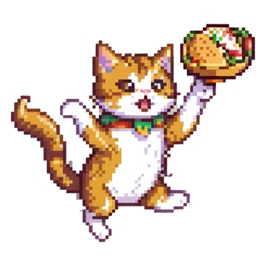a taco cat running, dynamic pose, pixel art style, bright colors, cat leaping with taco shell flaring sticker