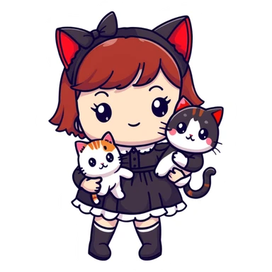 Girl with black and red-tipped hair in black Lolita dress with tabby cat sticker