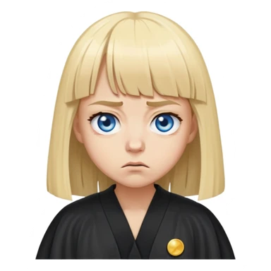Very Angry with tiny eyes,blue eyes, blonde hair with bangs, circles under her eyes from being tired,wearing a black judges robe sticker