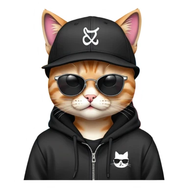 cat wearing a black snapback cap and black hoodie, with black sunglasses positioned low on his nose, winking one eye while looking directly at the viewer over the top of his sunglasses with a mischievous expression, doing graffiti with spray paint sticker