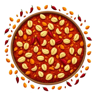 a handful of crushed chili flakes, scattered, deep red and orange, irregular, some yellow seeds, dry rough surface, spicy, no extras, apple emoji style, soft lighting, transparent background, emoji scale sticker