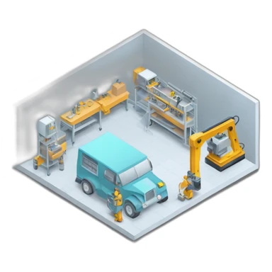 isometric square transparent solid outline border containing indoor creative workshop handmade factory people actively working cnc machine tools vacuum simple clean industrial sticker