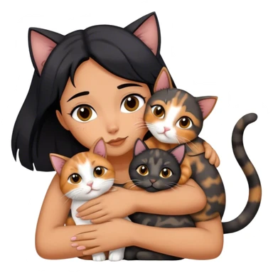girl with black hair hugging three cats  (tortie cat, full gray cat, brown calico cat) sticker