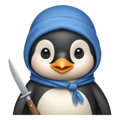 Cute and little penguin wearing a blue cloth in his head and holding a  knife  sticker