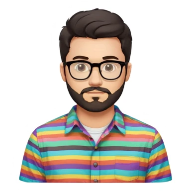 a 30-year-old man with light skin, medium solid build, wide face, soft cheeks, rounded jawline, neutral relaxed expression, short dense full beard, wavy voluminous brown-black hair at the front, large rectangular black thick frame glasses, colorful button-up shirt open showing white t-shirt sticker