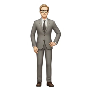 Full height Pale skinned Fit Man With dark brown hair in classic gray suit, beige office shirt, dark gray tie, and vintage glasses. His right hand stretched out sticker
