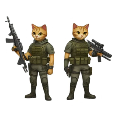 Armed cat with a weapon in its hand and next to it an armed soldier with many weapons too sticker