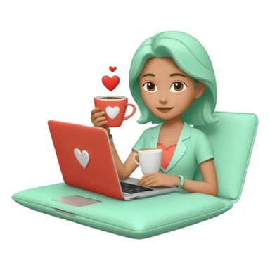 3D clay character relaxed with laptop and coffee, floating icons (envelope, heart, dollar), mint green (#34D399) outfit, coral (#FF7F6B) floating icons, white laptop, Pixar style, transparent background sticker
