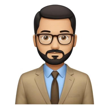 Attractive Hispanic TV host in his mid to late 40s with light brown skin, short straight black hair slicked back with fade on sides, square handsome face with strong jawline, friendly approachable expression, black beard, wearing glasses sticker