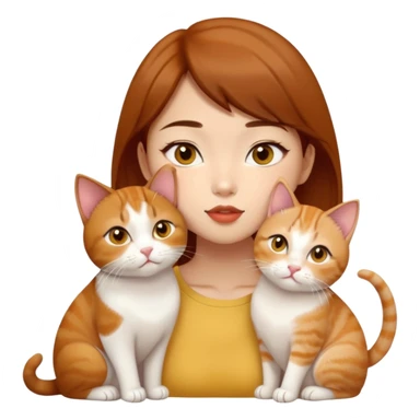 Asian girl, brown hair, brown eyes skin tone almond kissing three cats one ginger, one yellow white one British short hair cream colour sticker