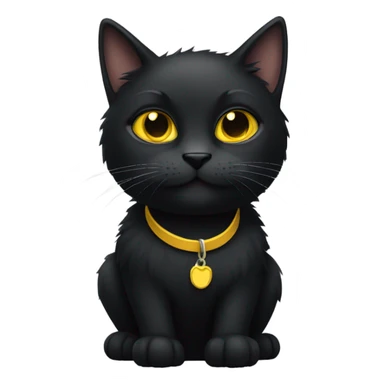 a black furry cat with yellow eyes and a collar  sticker