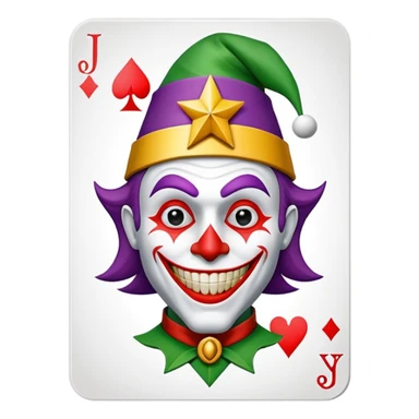 1 poker card, perfectly squared card, with crazy colorful human jolly joker inside, star symbol with a "J" sticker
