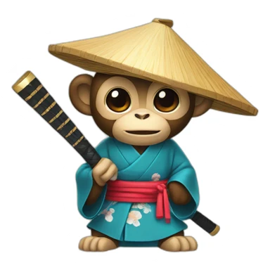 monkey with a Japanese hat and a kimono holding a katana sticker
