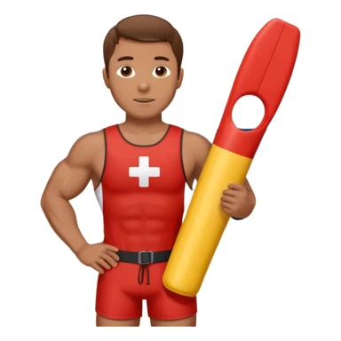 Muscular lifeguard man on beach with rescue tube brown hair sticker