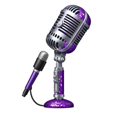 Create a glamorous and vibrant emoji representing stage vocal performance. The design should feature a humanless collage of classic vintage microphone, stage costume covered in rhinestones, sparkling brightly. The costume should be stylized, with glittering elements like sequins and sparkles, and reflect the glitzy, extravagant nature of show business. The microphone should have a sleek, retro look with chrome or metallic accents. Use rich, dazzling colors like gold, silver, deep purple, and bright red to evoke the glamorous, larger-than-life feel of a stage performance. The background should be transparent. sticker