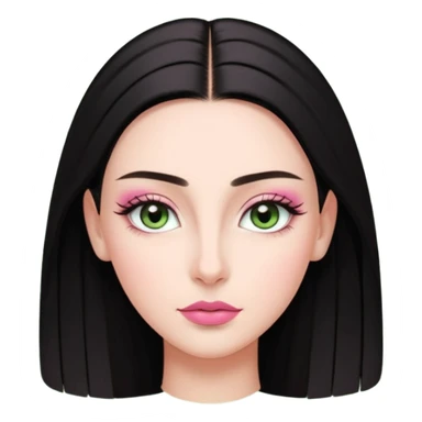 Front-facing portrait of a young woman with fair glowing skin, symmetrical features, light green almond-shaped eyes, long lashes, soft arched brows, straight refined nose, and full natural pink lips. Dark sleek hair pulled back with a middle part.  sticker