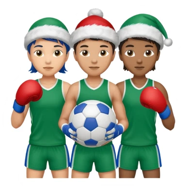 crie a imagem de 3 atletas de modalidades diferentes, usando elementos esportivos, como por exemplo bola de futebol, luvas de luta e bola de vôlei... e usando um chápeu de papai noel das cores verde e azul. sticker