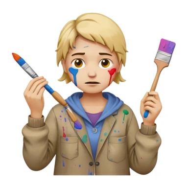 frustrated amateur painter emoji wearing oversized old clothes with paint stains everywhere, holding a bent paintbrush, paint on hands and cheeks, cluttered background sticker