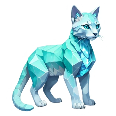 This fascinating hybrid creature combines the rocky ferocity of Boulderbite with the mystical elegance of Etherfeline. The result is a creature with a core body composed of angular, faceted stones in varying shades of turquoise and gray. From the cracks between these stones emanates a soft blue ethereal glow. It has the general shape of a feline, but with crystalline rock formations creating its limbs and body. Its large, expressive eyes feature purple irises with amber outer rings, giving it a hypnotic gaze. The creature sports pointed ears lined with purple crystal formations, and a tuft of blue flame-like energy flows from its head and along its spine. Its tail is a flexible chain of smaller rocks wrapped in the same ethereal blue energy. When it opens its mouth, sharp crystalline teeth are revealed, though its expression is more mysterious than threatening. Small whisker-like energy tendrils extend from its muzzle, occasionally emitting tiny ice crystals. full body sticker