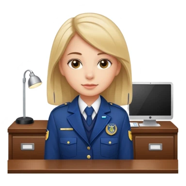 Reception Young girl, straight hair, wearing uniform jacket with hotel name badge, tasteful scarf, stand behind the desk

 sticker