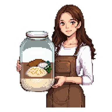 designer woman with brown hair holding a big glass jar of rice sticker
