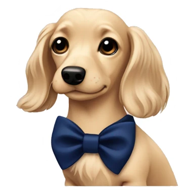 Cream Dachshund long haired wearing a navy blue collar with a navy blue bow on the collar sticker