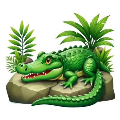Crocodile resting, surrounded by rocks, water, and tropical plants. The green scales of the crocodile glisten under the light, with its sharp eyes focused ahead. The background features a naturalistic habitat with plants and water, giving it a lifelike feel. sticker