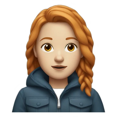 Straight, ginger hair and blue eyes woman with a Canadian jacket sticker