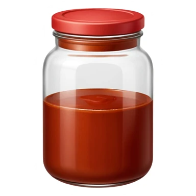 realistic glass jar with enchilada sauce, reddish-brown, smooth thick glossy sauce, visible texture, deep earthy red, simple minimal jar, closed or open lid, no label, no spoon, no garnish, no faces, clean 3D, soft lighting, transparent background, emoji scale sticker