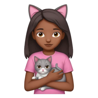 An Indian teenager girl with a pink t-shirt holding her gray cat with folded ears sticker