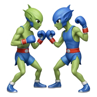 two aliens boxing in a fight stance, facing each other with raised gloves, dynamic action pose, intense expressions, sci-fi arena vibe, 3D cartoon style, mobile game icon style, clean background, no text, no watermark
 sticker