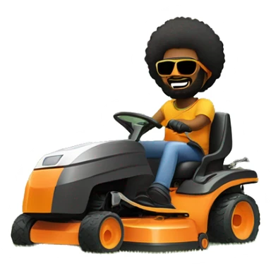 Black man with afro, beard and sunglasses pushing a lawnmower and listening to music with sun rising in background sticker
