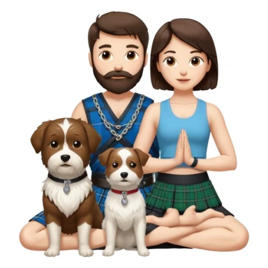 emoji of brunette man with beard wearing kilt, brunette woman in yoga outfit and one white fluffy dog sticker