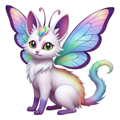 Pure-snow-White albino iridescent with pastel rainbow-gradients-color-markings with swirly patterns butterflies  faerie-Noivern-Noibat-Purloin-Torracat-Lykoi-Caracal-cat-Fakemon-fusion-hybrid-creature sticker