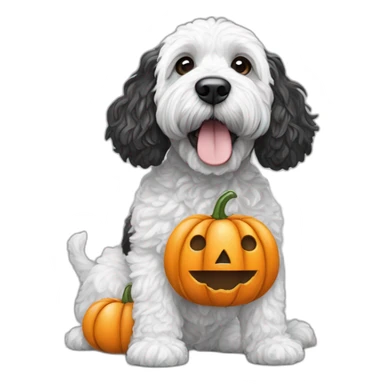black and white doodle cockapoo with a pumpkin sticker