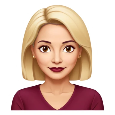 Puerto Rican actress Linette Torres in her 50s with warm light skin, mature elegant features, some fine lines, expressive eyes, well-defined eyebrows, straight nose, friendly smile, shoulder-length blonde hair, wearing a fashionable burgundy top sticker