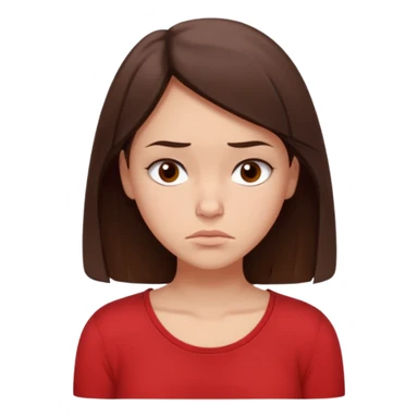 "Cartoon emoji of a young brunette woman with fair-medium skin, brown eyes, wearing a simple red top. Portrait mode, slouched, looking down, overthinking and insecure. Small frown, worried eyes. Smooth, friendly, stylized, Mary Jane–like appearance." sticker