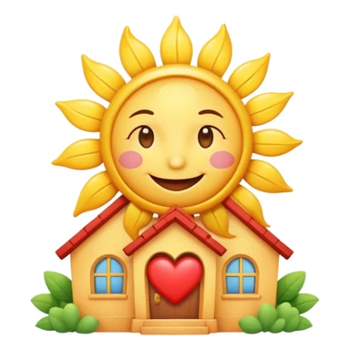 cheerful daycare house, smiling sun above, heart symbol, bright and cute sticker