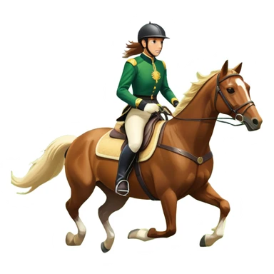 An icon featuring a horse and rider galloping gracefully over a lush green field. The rider is in full gear, guiding the horse with precision. The background shows rolling hills, a clear blue sky, and vibrant sunlight illuminating the scene. Transparent background highlights the elegance sticker