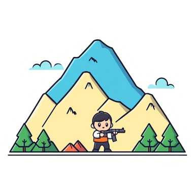 Cute tiny character with a toy gun shooting at a mountain with little figures sticker