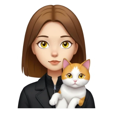 Light-skinned girl with brown straight hair wearing a black jacket, with a pure white cat with yellow eyes and a calico cat sticker