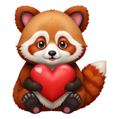 a red panda, holding a big red heart on his hands, giving a kiss sticker