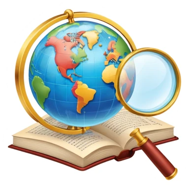 An icon featuring an open book, a speech bubble, and a magnifying glass, symbolizing philology and linguistics. The design includes language symbols, a globe, and alphabet letters, representing the study of languages and their structures. Transparent background  sticker